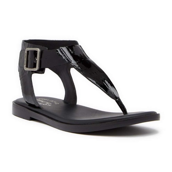 NIB Kork-Ease Catriona Patent Leather Thong Ankle Strap Flat Sandals Black US 6M - Picture 1 of 11